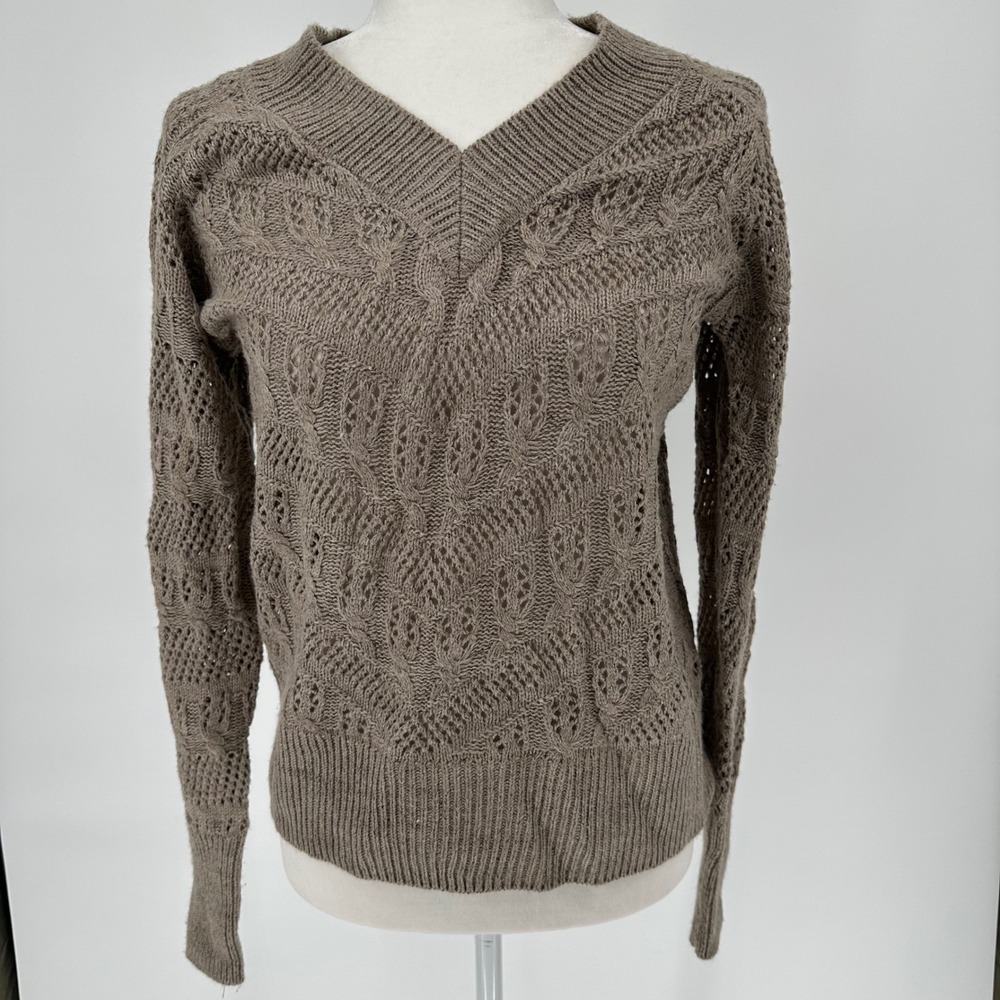 Cable Knit V Neck Sweater Taupe Beige Indie Boho Sonoma‎ Life Style Women Size M